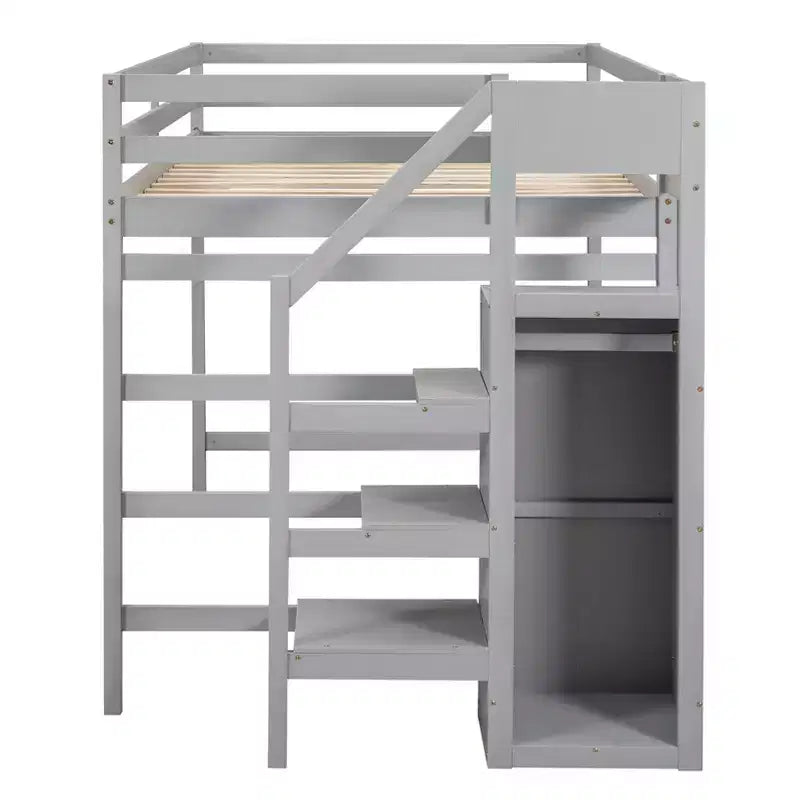 Whisen Lit mezzanine double en bois 93,8 po L x 57 po l avec armoire de rangement intégrée et escalier, espace optimisé