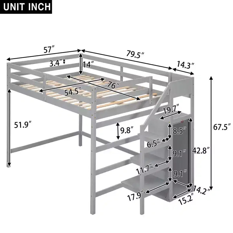 Whisen Lit mezzanine double en bois 93,8 po L x 57 po l avec armoire de rangement intégrée et escalier, espace optimisé