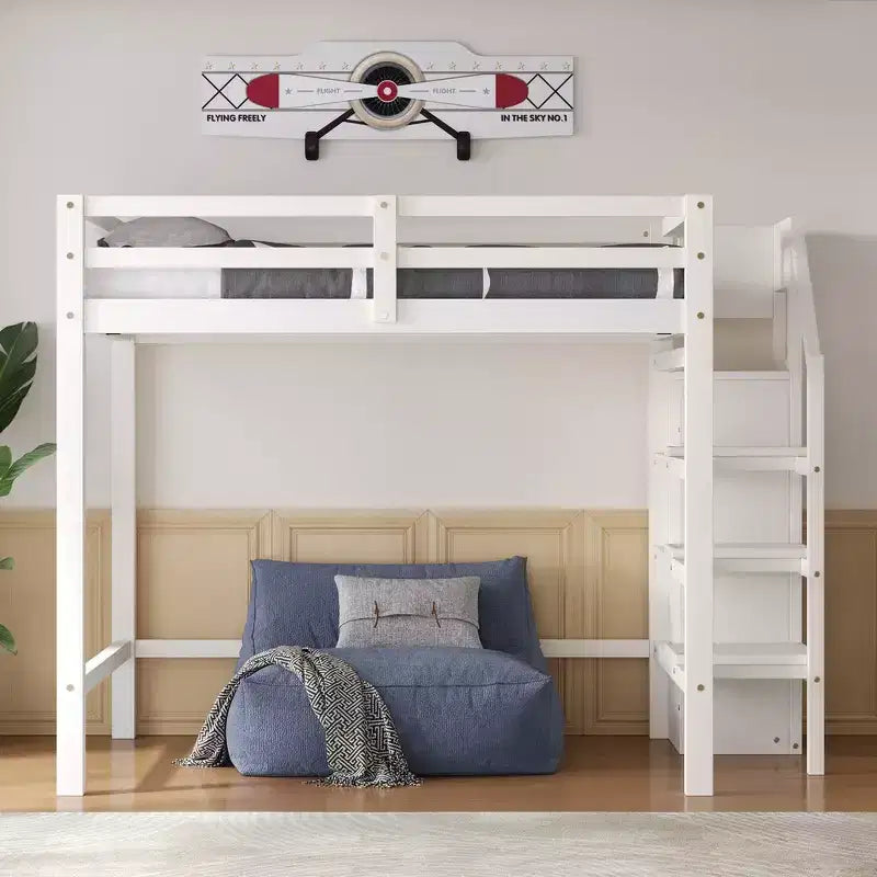 Whisen Lit mezzanine double en bois 93,8 po L x 57 po l avec armoire de rangement intégrée et escalier, espace optimisé