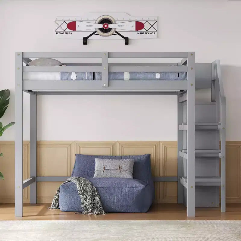 Whisen Lit mezzanine double en bois 93,8 po L x 57 po l avec armoire de rangement intégrée et escalier, espace optimisé