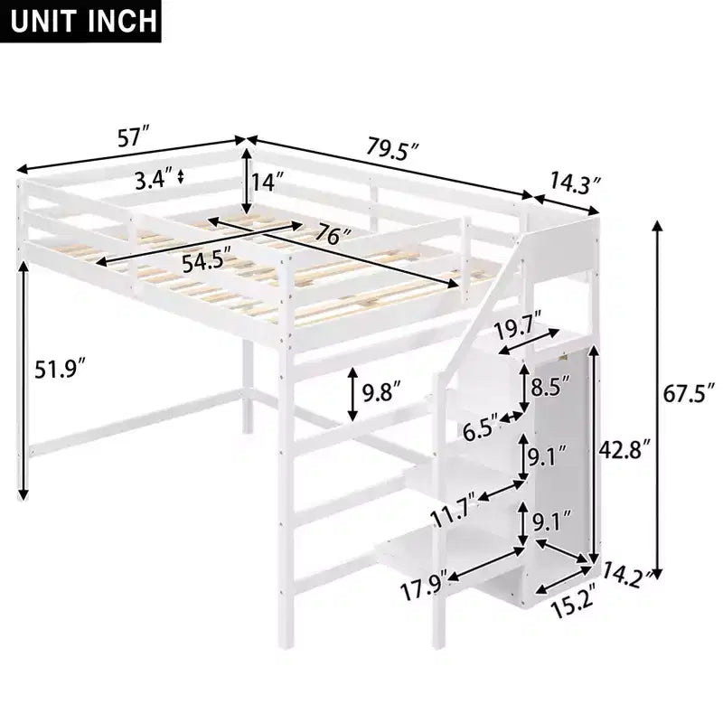 Whisen Lit mezzanine double en bois 93,8 po L x 57 po l avec armoire de rangement intégrée et escalier, espace optimisé