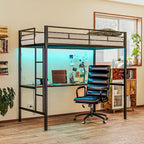Lit mezzanine double HOMCOM avec bureau, lumières LED, station de recharge, cadre de lit mezzanine en métal double avec barrière de sécurité, échelle, sans bruit, noir