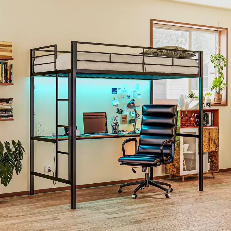 Lit mezzanine double HOMCOM avec bureau, lumières LED, station de recharge, cadre de lit mezzanine en métal double avec barrière de sécurité, échelle, sans bruit, noir