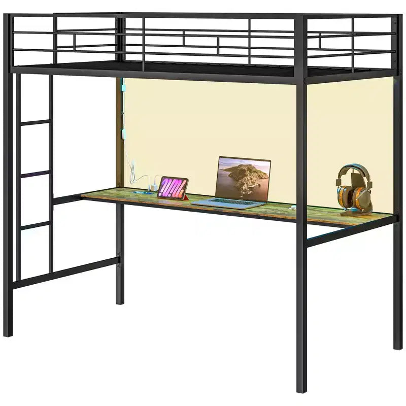 Lit mezzanine double HOMCOM avec bureau, lumières LED, station de recharge, cadre de lit mezzanine en métal double avec barrière de sécurité, échelle, sans bruit, noir