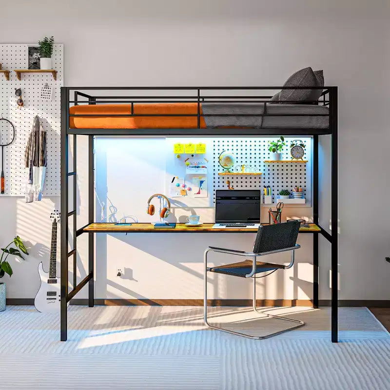 Lit mezzanine double HOMCOM avec bureau, lumières LED, station de recharge, cadre de lit mezzanine en métal double avec barrière de sécurité, échelle, sans bruit, noir