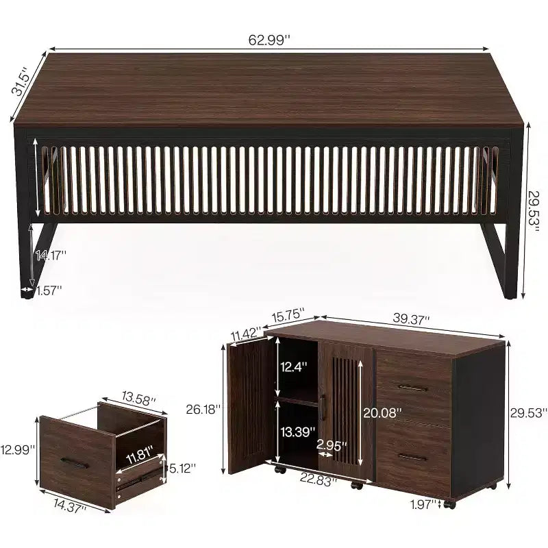 Bureau de direction en L Lantine de 63 pouces, grand bureau d'ordinateur moderne avec caisson de classement mobile pour bureau à domicile