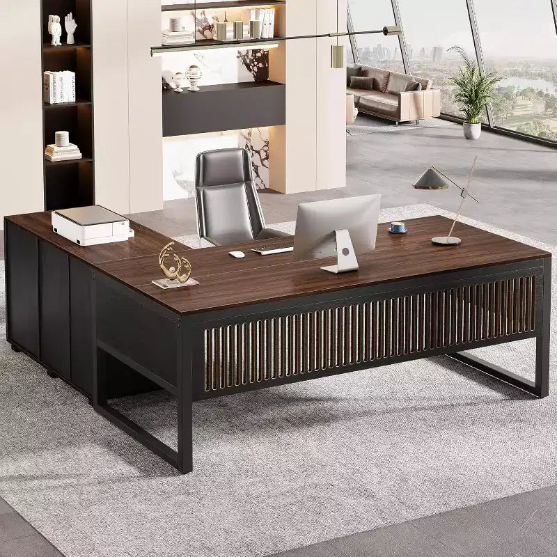 Bureau de direction en L Lantine de 63 pouces, grand bureau d'ordinateur moderne avec caisson de classement mobile pour bureau à domicile