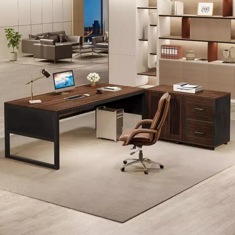 Bureau de direction en L Lantine de 63 pouces, grand bureau d'ordinateur moderne avec caisson de classement mobile pour bureau à domicile