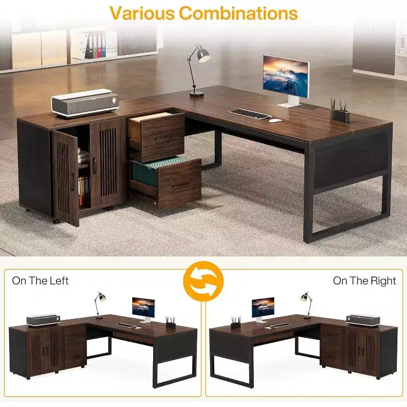 Bureau de direction en L Lantine de 63 pouces, grand bureau d'ordinateur moderne avec caisson de classement mobile pour bureau à domicile