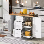 Rolling Kitchen Island with Rubber Wood Top, 3 Drawers, 2 Slide-Out Shelves, Internal Storage Rack, and Spice Rack for Kitchen Convenience