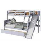 Lit superposé double sur plein avec 2 tiroirs, étagères, toboggan, échelle, garde-corps de sécurité et cadre en bois de caoutchouc, Blanc/Gris-ModernLuxe