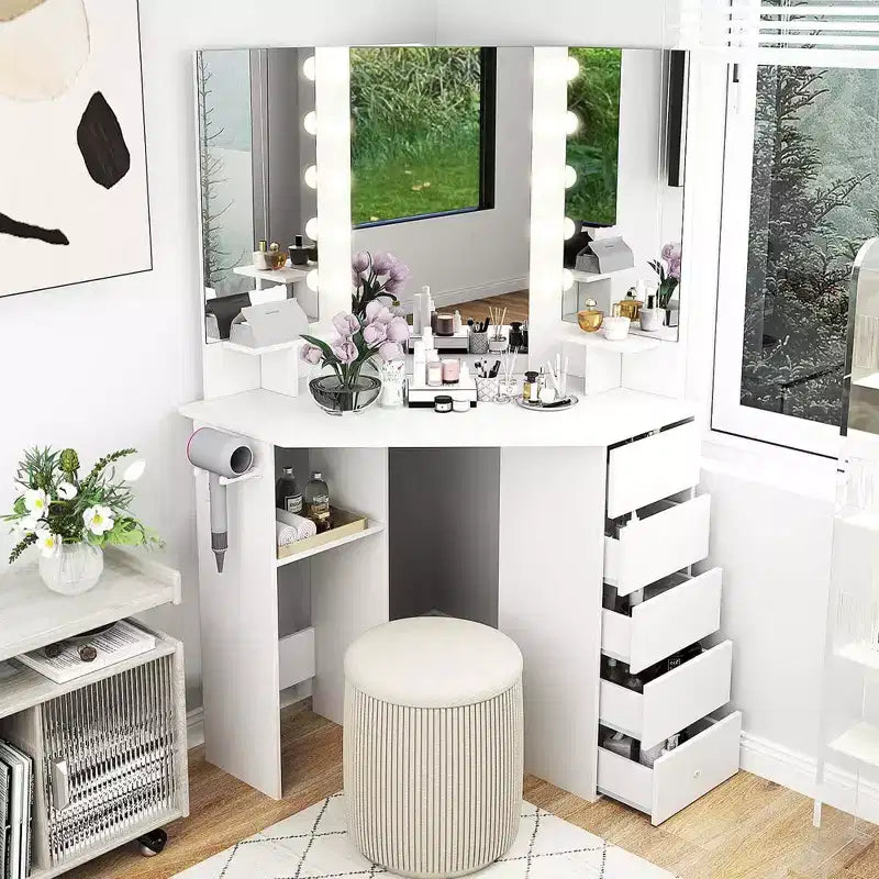 Coiffeuse d'angle Costway avec miroir LED et prises de courant Noir/Blanc