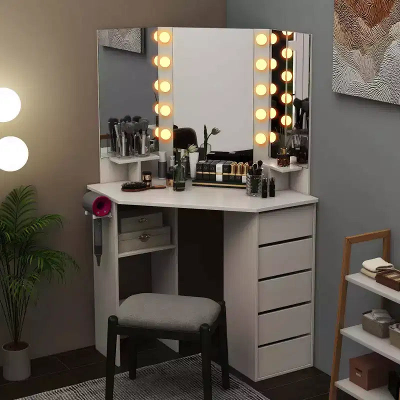 Coiffeuse d'angle Costway avec miroir LED et prises de courant Noir/Blanc
