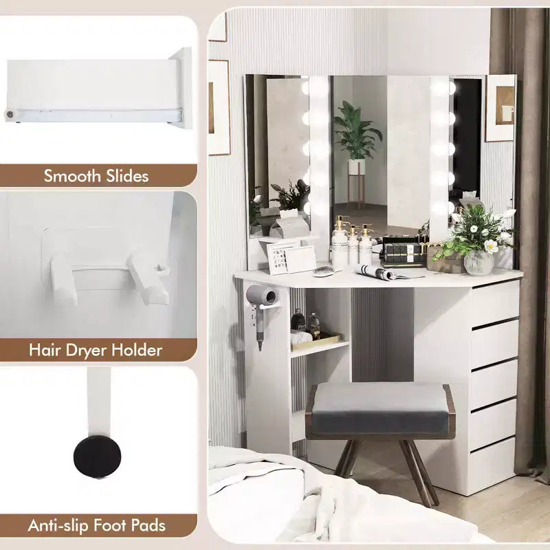 Coiffeuse d'angle Costway avec miroir LED et prises de courant Noir/Blanc