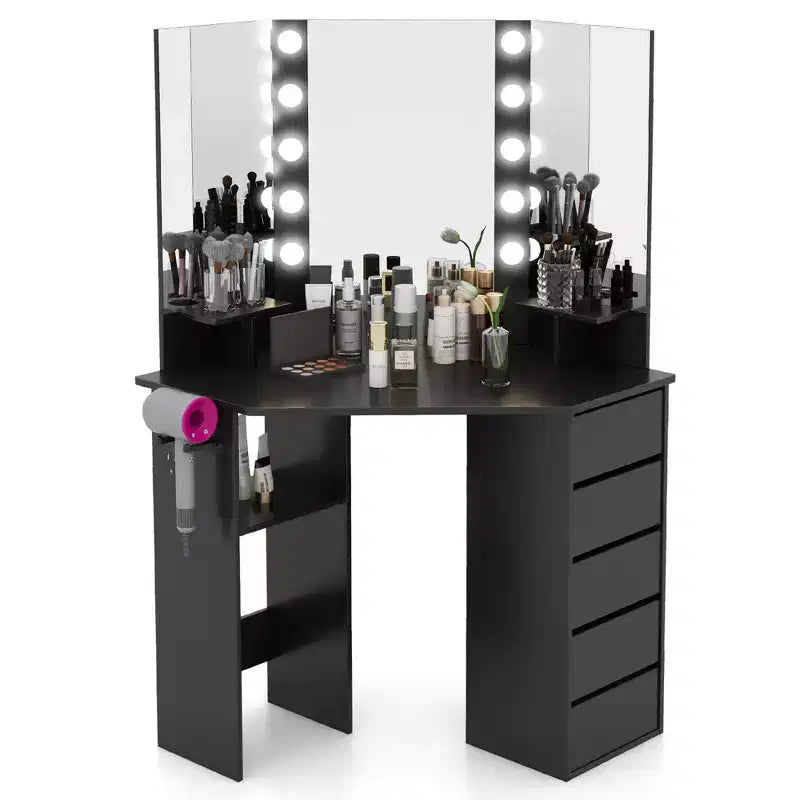 Coiffeuse d'angle Costway avec miroir LED et prises de courant Noir/Blanc