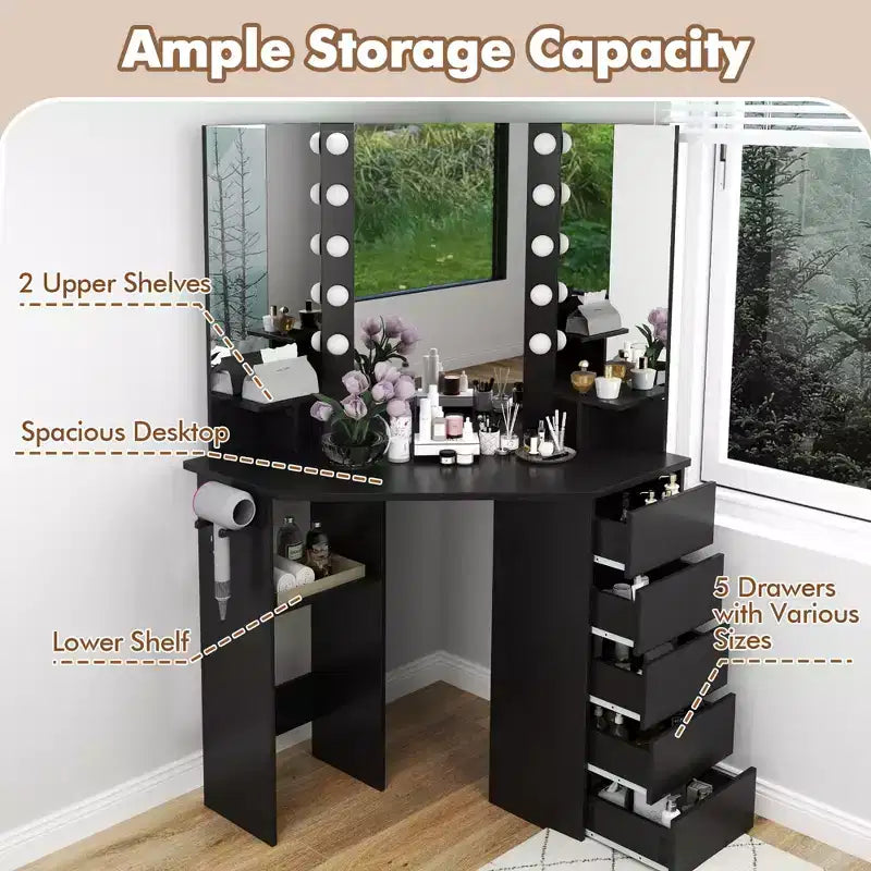 Coiffeuse d'angle Costway avec miroir LED et prises de courant Noir/Blanc