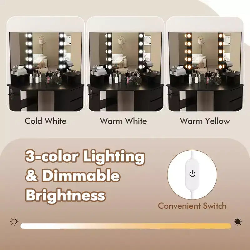 Coiffeuse d'angle Costway avec miroir LED et prises de courant Noir/Blanc