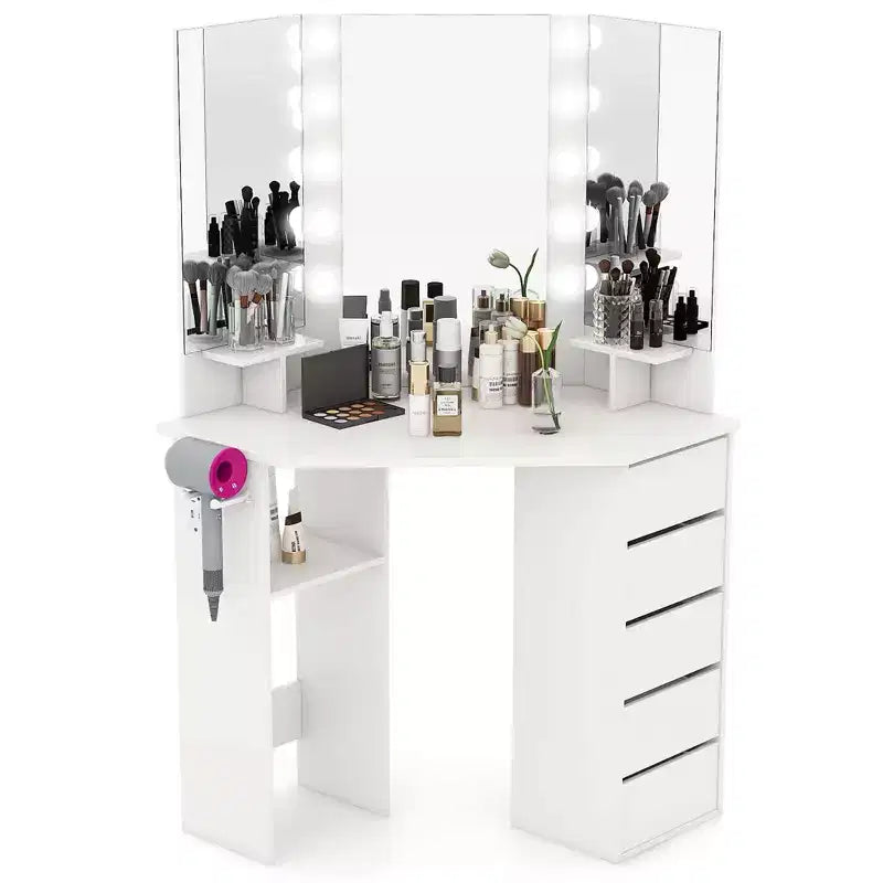 Coiffeuse d'angle Costway avec miroir LED et prises de courant Noir/Blanc