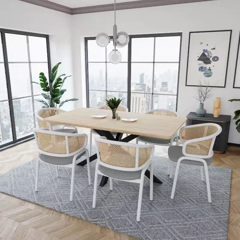 LeisureMod Ervilla - Lot de 4 chaises de salle à manger en osier avec dossier en U, assise en cuir et structure en acier - Sièges modernes pour cuisine, salle à manger, café