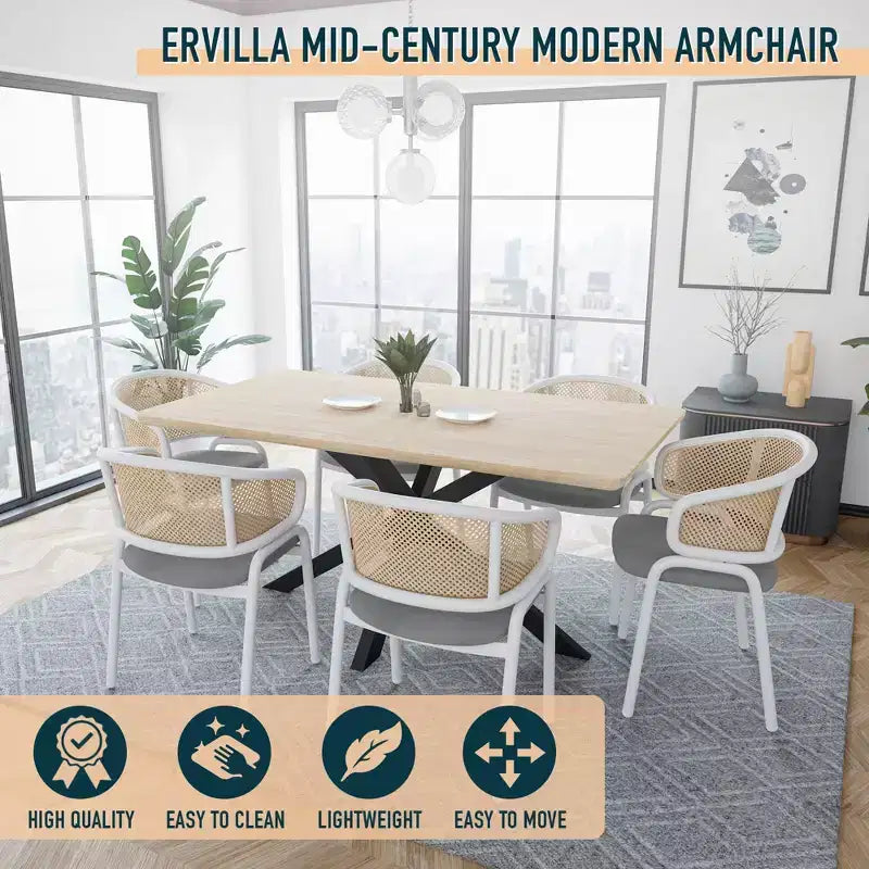 LeisureMod Ervilla - Lot de 4 chaises de salle à manger en osier avec dossier en U, assise en cuir et structure en acier - Sièges modernes pour cuisine, salle à manger, café