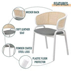 LeisureMod Ervilla - Lot de 4 chaises de salle à manger en osier avec dossier en U, assise en cuir et structure en acier - Sièges modernes pour cuisine, salle à manger, café