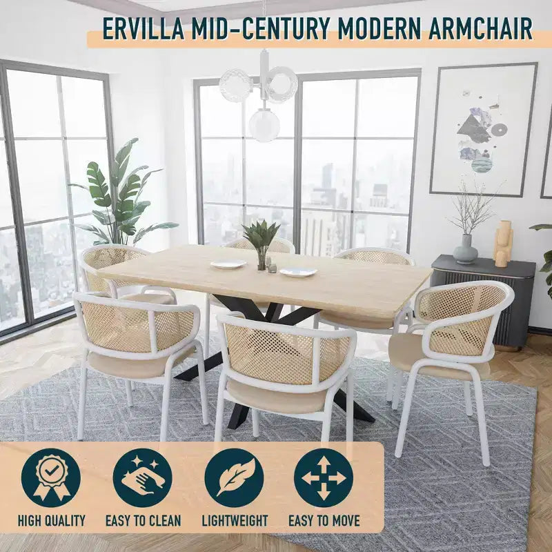 LeisureMod Ervilla - Lot de 4 chaises de salle à manger en osier avec dossier en U, assise en cuir et structure en acier - Sièges modernes pour cuisine, salle à manger, café