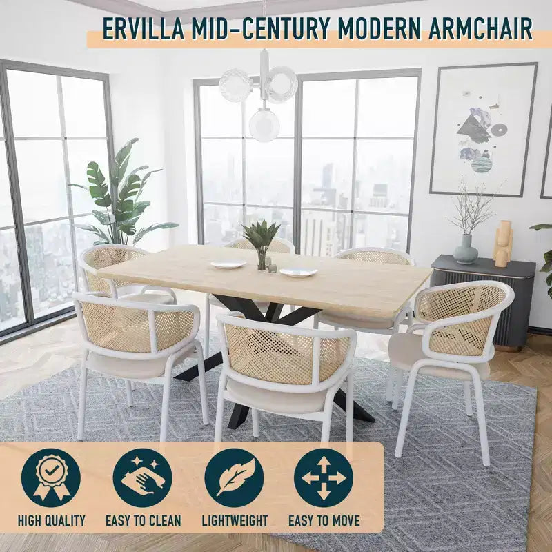 LeisureMod Ervilla - Lot de 4 chaises de salle à manger en osier avec dossier en U, assise en cuir et structure en acier - Sièges modernes pour cuisine, salle à manger, café