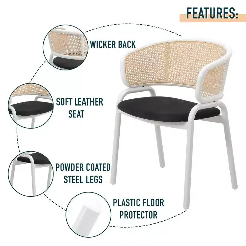 LeisureMod Ervilla - Lot de 4 chaises de salle à manger en osier avec dossier en U, assise en cuir et structure en acier - Sièges modernes pour cuisine, salle à manger, café