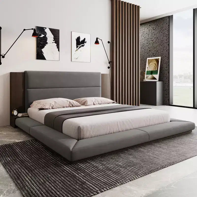 Lit de plateforme rembourré au sol de taille Queen/King avec tête de lit rembourrée et table de chevet, pas besoin de sommier tapissier, gris-ModernLuxe