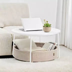 Table basse ronde avec cadre métallique, table basse de style moderne pour salon avec rangement et panier en tissu