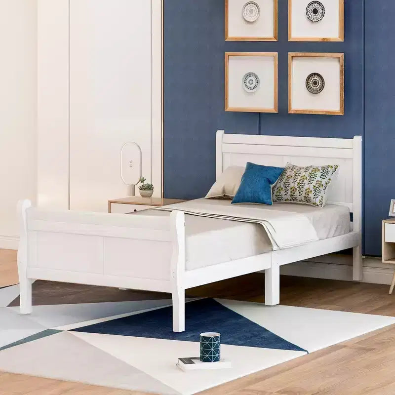 Lit plateforme Whisen Wood avec design traîneau, tête de lit, pied de lit et support à lattes robuste