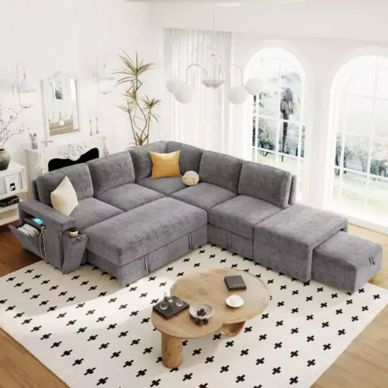 Canapé modulaire rembourré en forme de L avec rangement, ports USB et porte-gobelets sur les accoudoirs, adapté aux salons, bureaux et appartements.