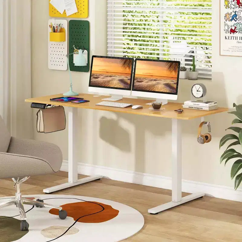 Bureau assis-debout électrique réglable en hauteur Costway 63 x 24 pouces naturel/marron/blanc