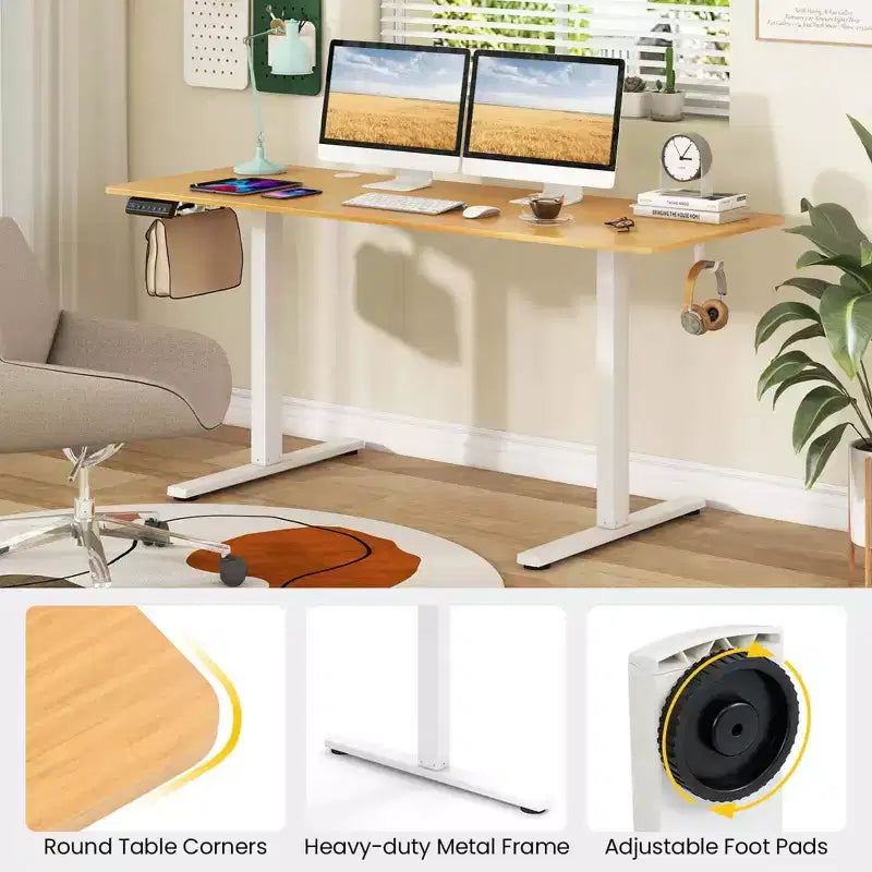 Bureau assis-debout électrique réglable en hauteur Costway 63 x 24 pouces naturel/marron/blanc