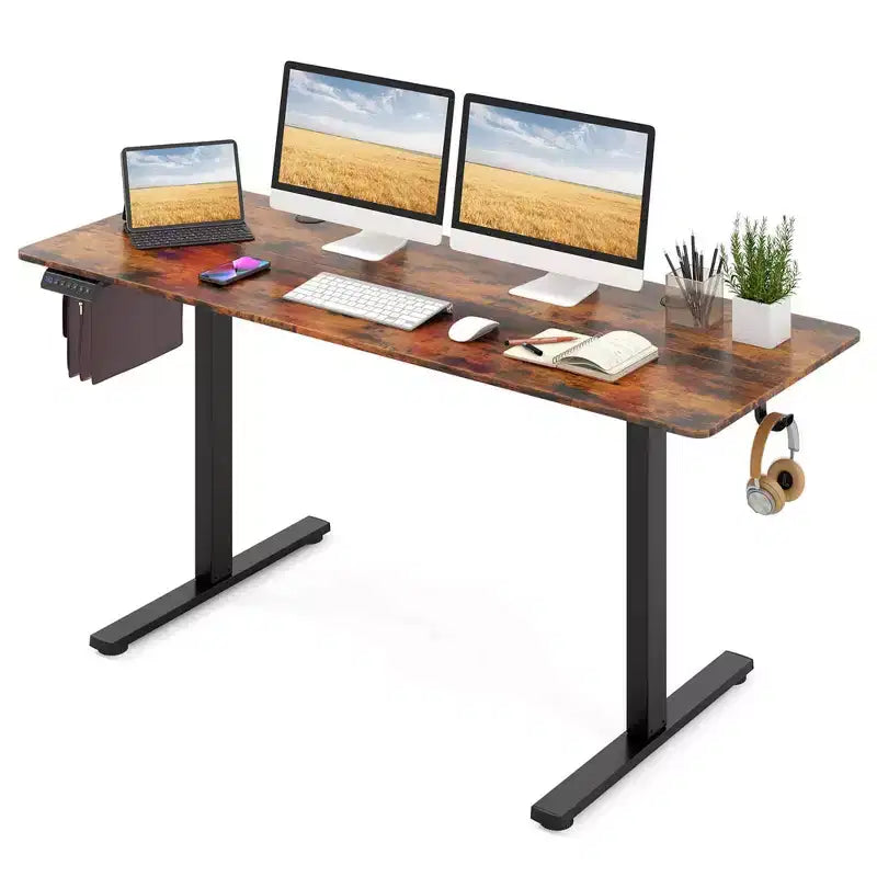 Bureau assis-debout électrique réglable en hauteur Costway 63 x 24 pouces naturel/marron/blanc