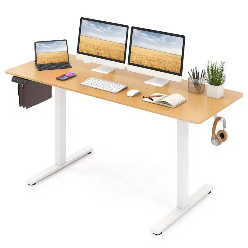Bureau assis-debout électrique réglable en hauteur Costway 63 x 24 pouces naturel/marron/blanc