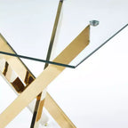 Table à manger avec pieds croisés en métal et verre trempé, table de cuisine moderne peu encombrante pour salon, pieds chromés, table carrée, pieds dorés