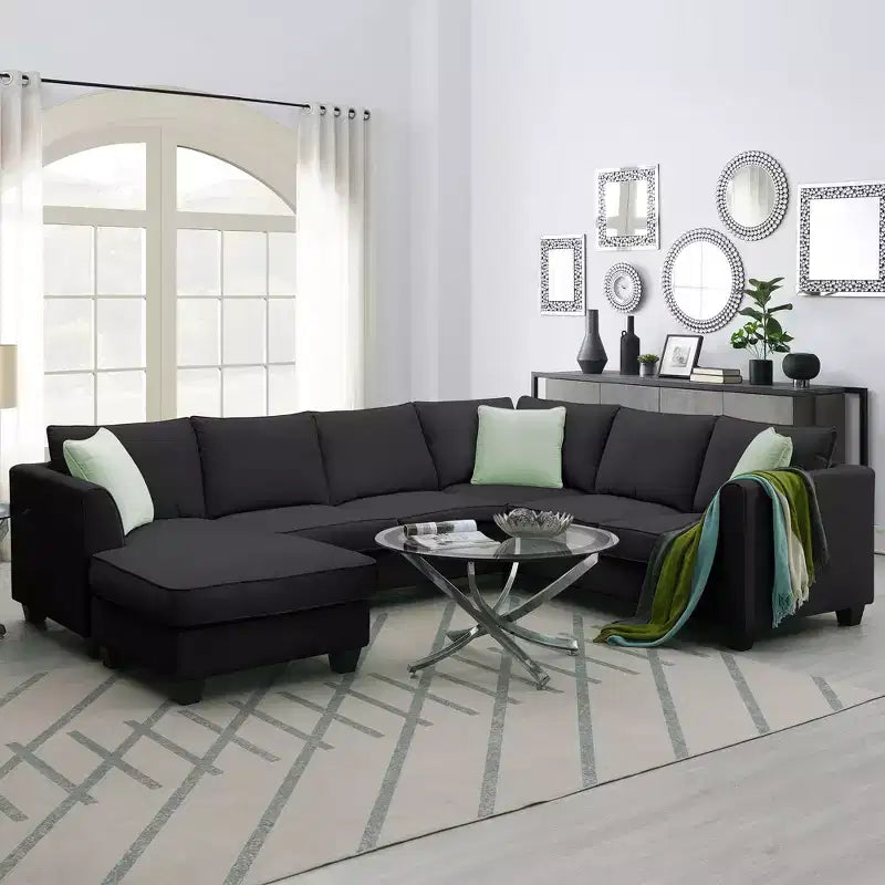Ensemble de canapés modulaires 7 places : canapé d'angle en tissu en forme de L avec ottoman et 3 oreillers