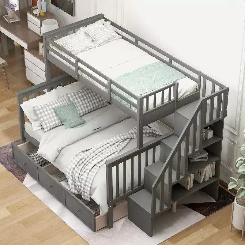 Lit superposé Whisen avec escalier, tiroir, rangement et barrière de sécurité