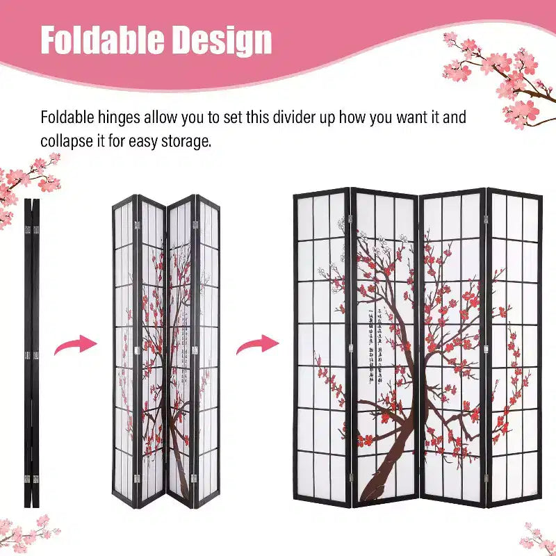 FDW Séparateur de pièce pliable élégant 4 panneaux, paravent de 1,8 m, séparateur d'intimité pliable avec cadre en bois massif, panneaux Shoji