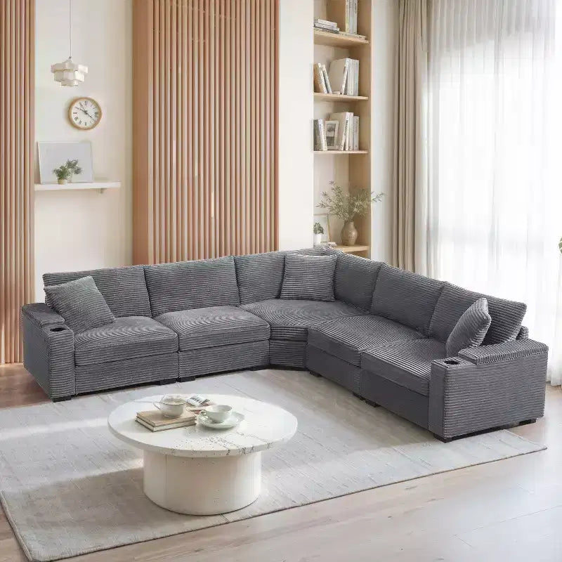 GDFStudio Daniel 106 Canapé d'angle modulable en velours côtelé avec accoudoirs de rangement et porte-gobelets