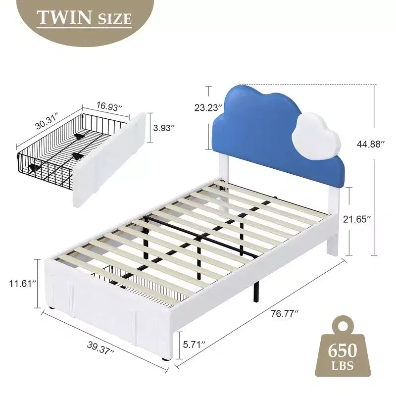Cadre de lit rembourré VECELO pour enfants, lit double avec tiroir de rangement, lit plateforme avec tête de lit en forme de nuage, bleu