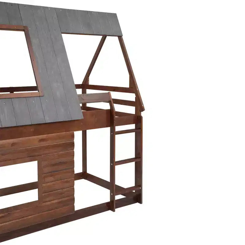 Lit superposé cabane double Whisen au design élégant avec toit, échelle et 2 fenêtres