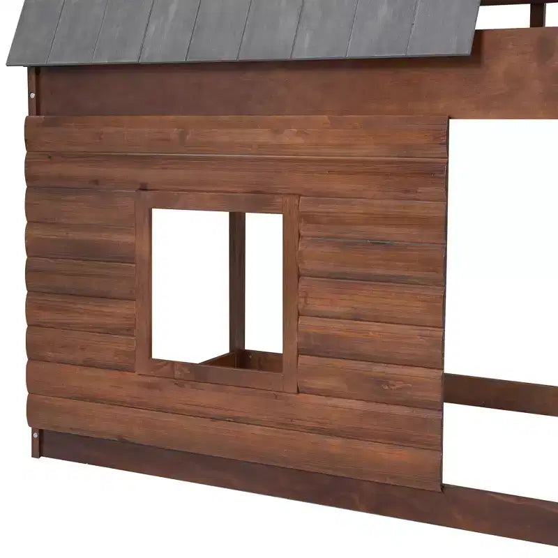 Lit superposé cabane double Whisen au design élégant avec toit, échelle et 2 fenêtres