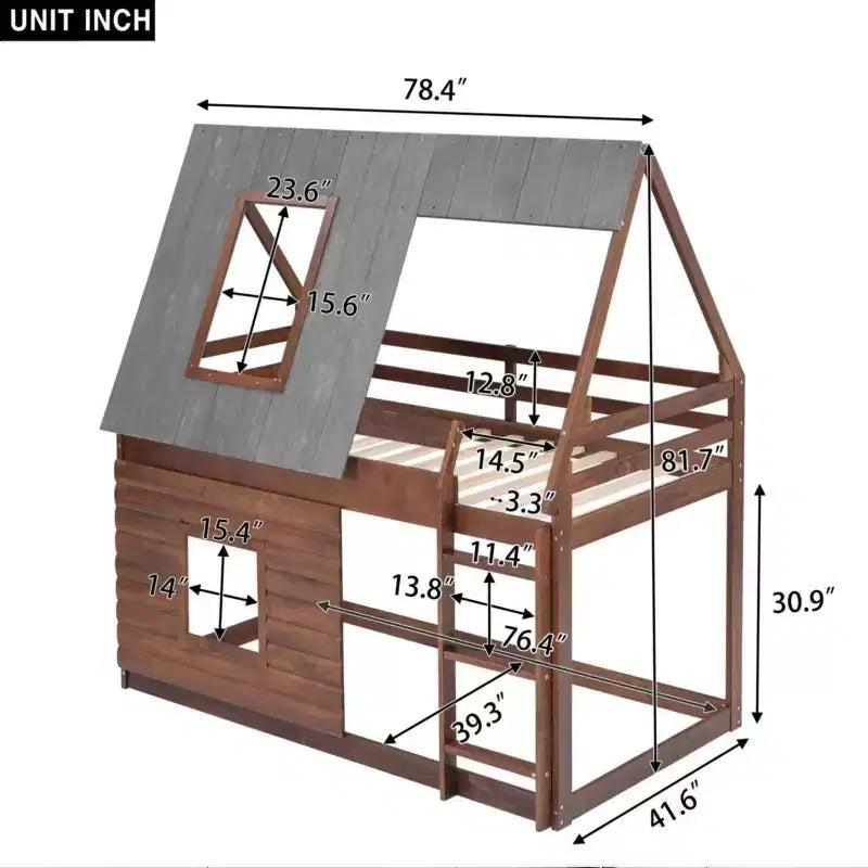Lit superposé cabane double Whisen au design élégant avec toit, échelle et 2 fenêtres