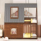 Lit superposé cabane double Whisen au design élégant avec toit, échelle et 2 fenêtres