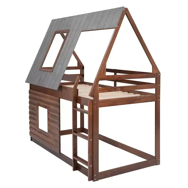 Lit superposé cabane double Whisen au design élégant avec toit, échelle et 2 fenêtres