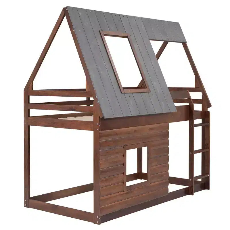 Lit superposé cabane double Whisen au design élégant avec toit, échelle et 2 fenêtres