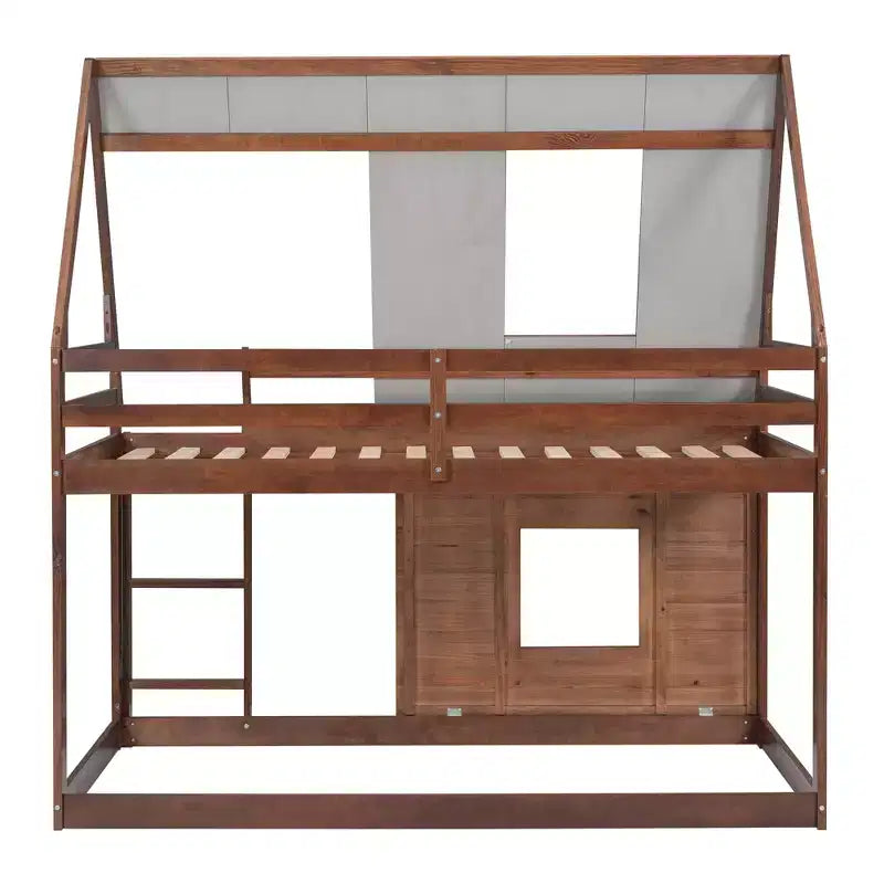 Lit superposé cabane double Whisen au design élégant avec toit, échelle et 2 fenêtres