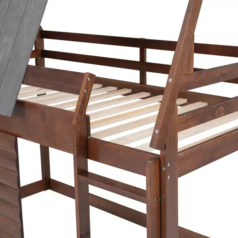 Lit superposé cabane double Whisen au design élégant avec toit, échelle et 2 fenêtres